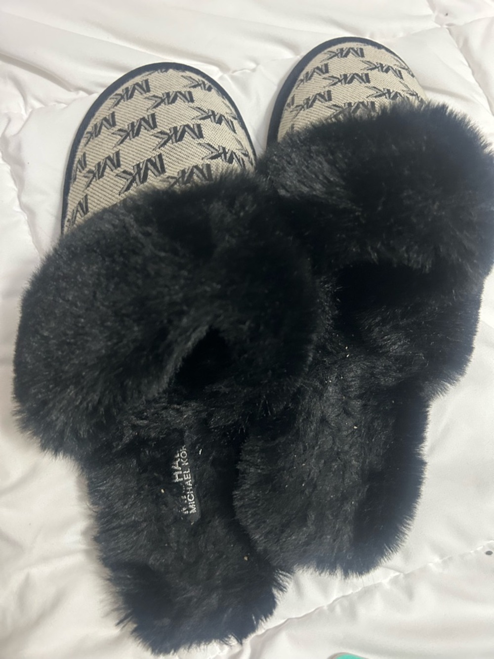 Michael Kors Black Logo-Print Faux Fur Slip-Ons